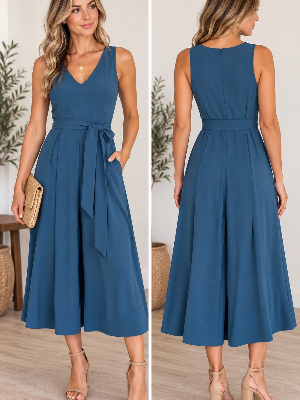 Calvin Klein Women’s Sleeveless V-Neck Wide Leg Jumpsuit Blue Size 6 Waist Tie